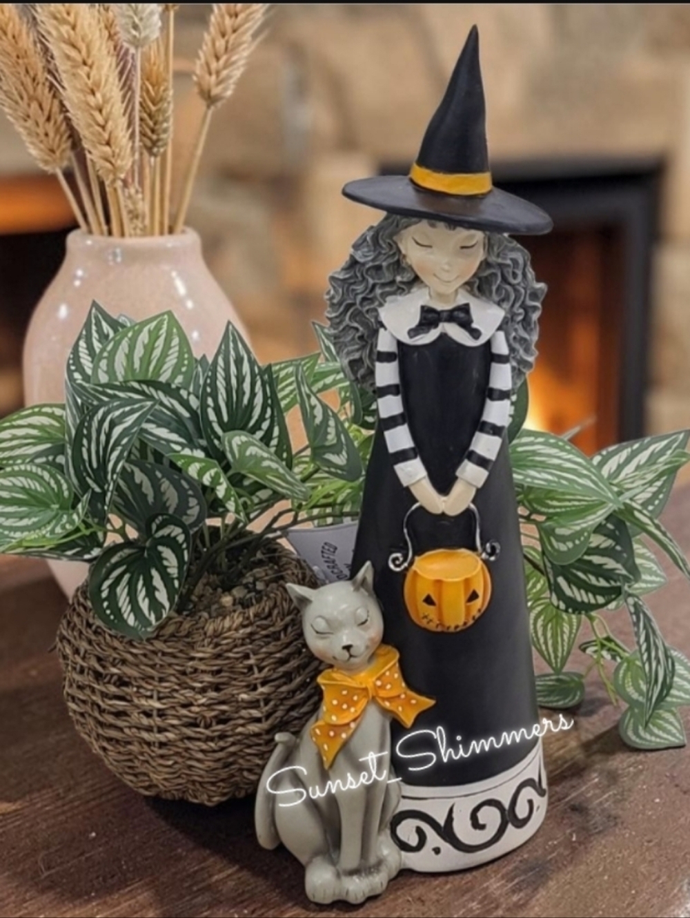 16" Halloween Witch With Cat & Pumpkin Figurine Statue Decor New